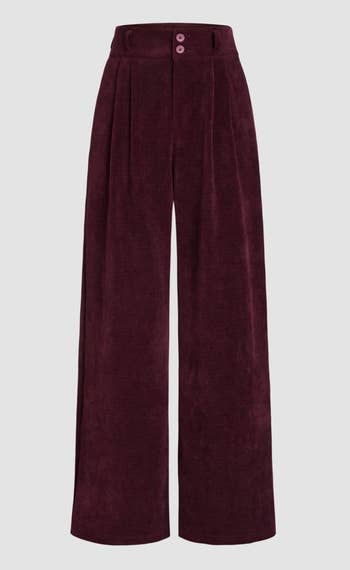 high-waisted corduroy pants in burgundy with double-button closures 
