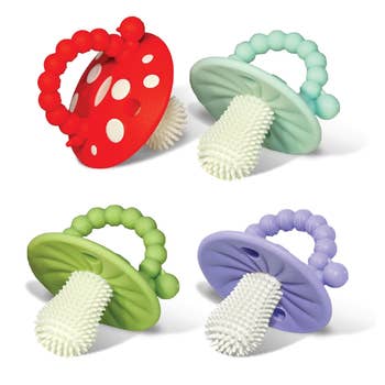 Four silicone babe teethers with textured bristles and loop handles, featuring mushroom and oval designs for casual gripping