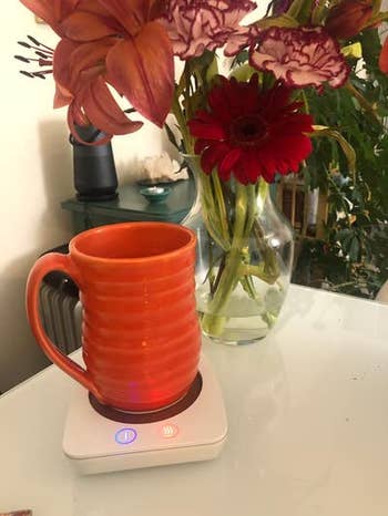 reviewer's mug on a mug warmer next to a vase of flowers on a table