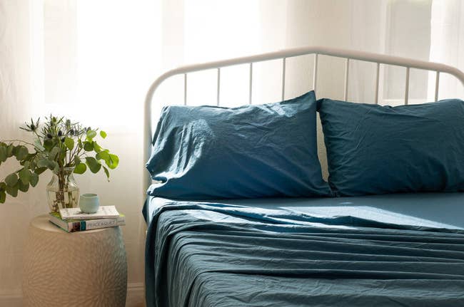 Bed with blue bedding next to a nightstand with a plant and books, suggesting cozy bedroom decor items for sale