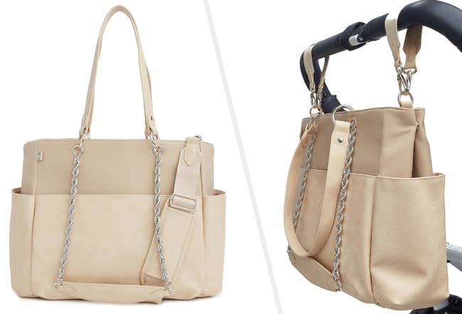 Two images of the beige diaper bag
