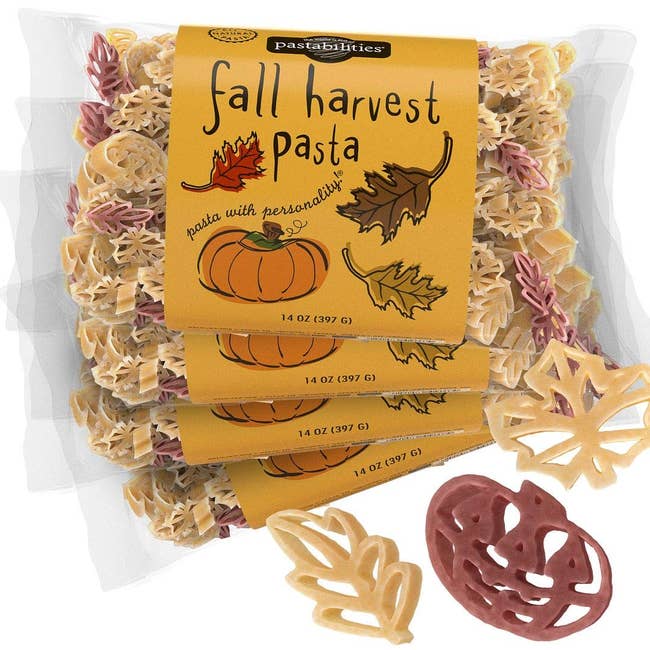 Pasta shaped similar  autumn  leaves and pumpkins, packaged arsenic  