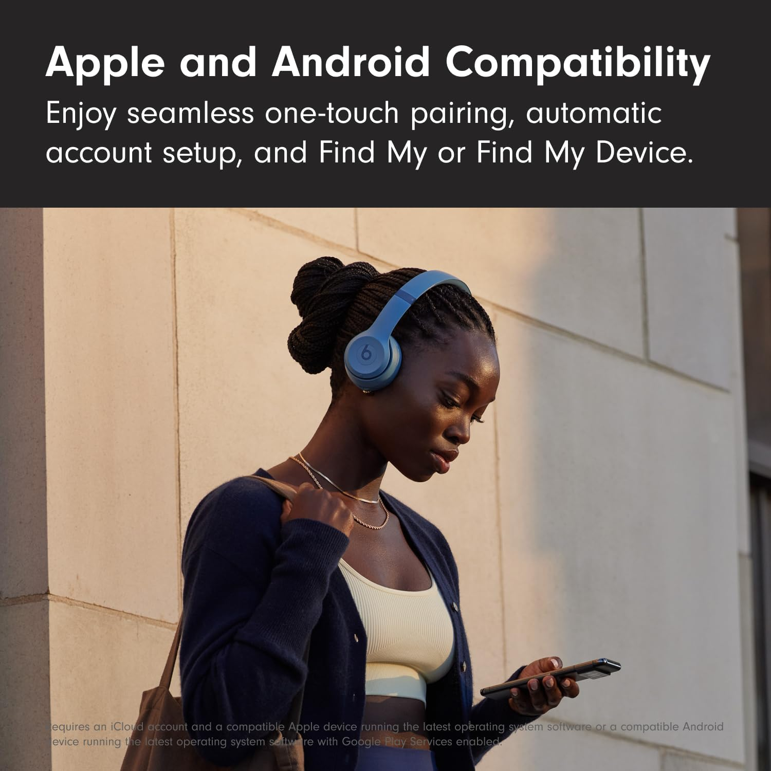 Model with headphones holding a phone, text highlights seamless Apple and Android compatibility for easy pairing and device finding