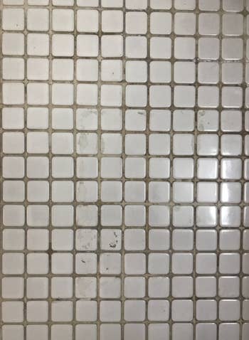 before photo showing reviewer's bathroom tiles with dirty grout 
