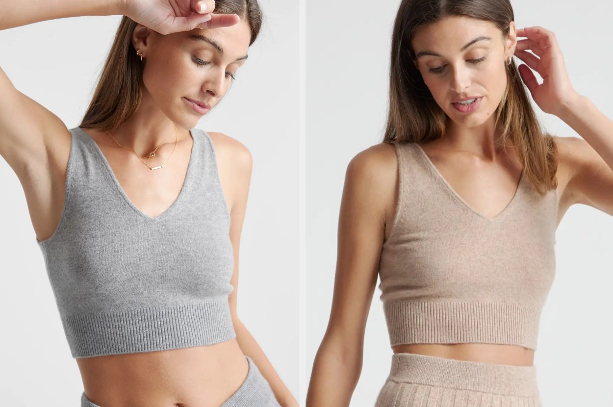 Two images of a model wearing gray and beige tank tops