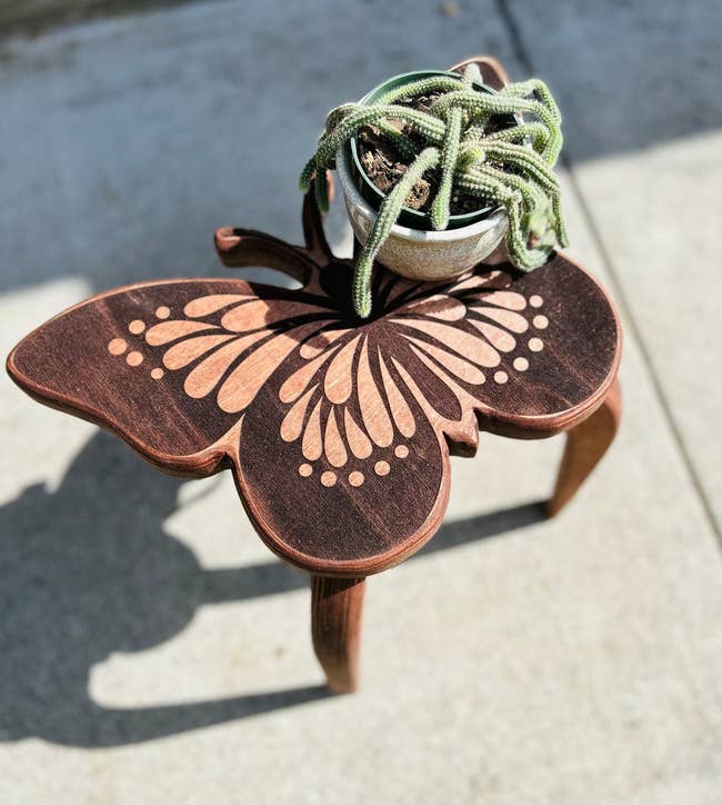 Butterfly-shaped woody stool with dotted design, holding a potted cactus