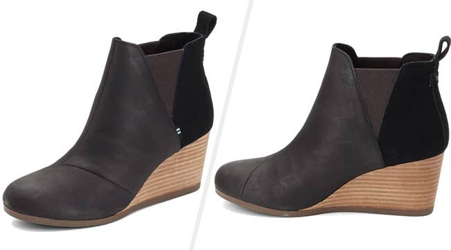 Two images of black wedge booties