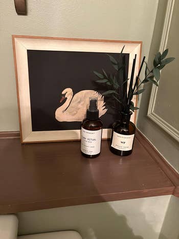 Framed swan artwork connected  a support  with a spray vessel  and reed diffuser successful  front, alongside greenish  works  stems, creating a decorative display