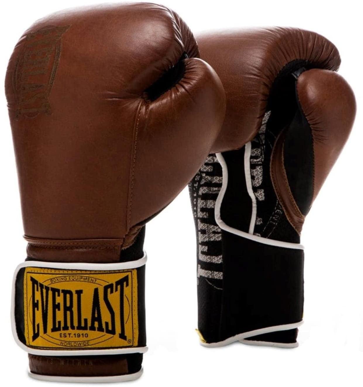 Pair of brown boxing gloves with yellow and black Everlast logo