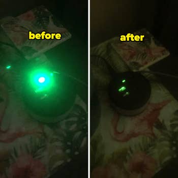 a device with bright led lights before and after using the blackout sticker