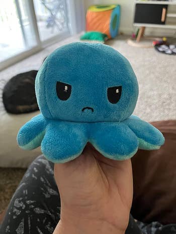 one side of a plush octopus looking grumpy
