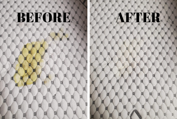Reviewer before and after pic of their mattress with a stain and then without