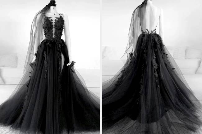 Two images of the long black wedding dress