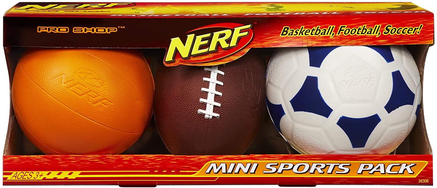 Nerf basketball, football, and soccer ball in packaging