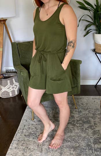 a different reviewer wearing the romper in army green