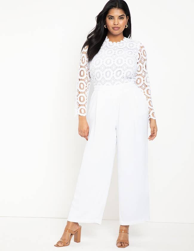 Image of model wearing white jumpsuit