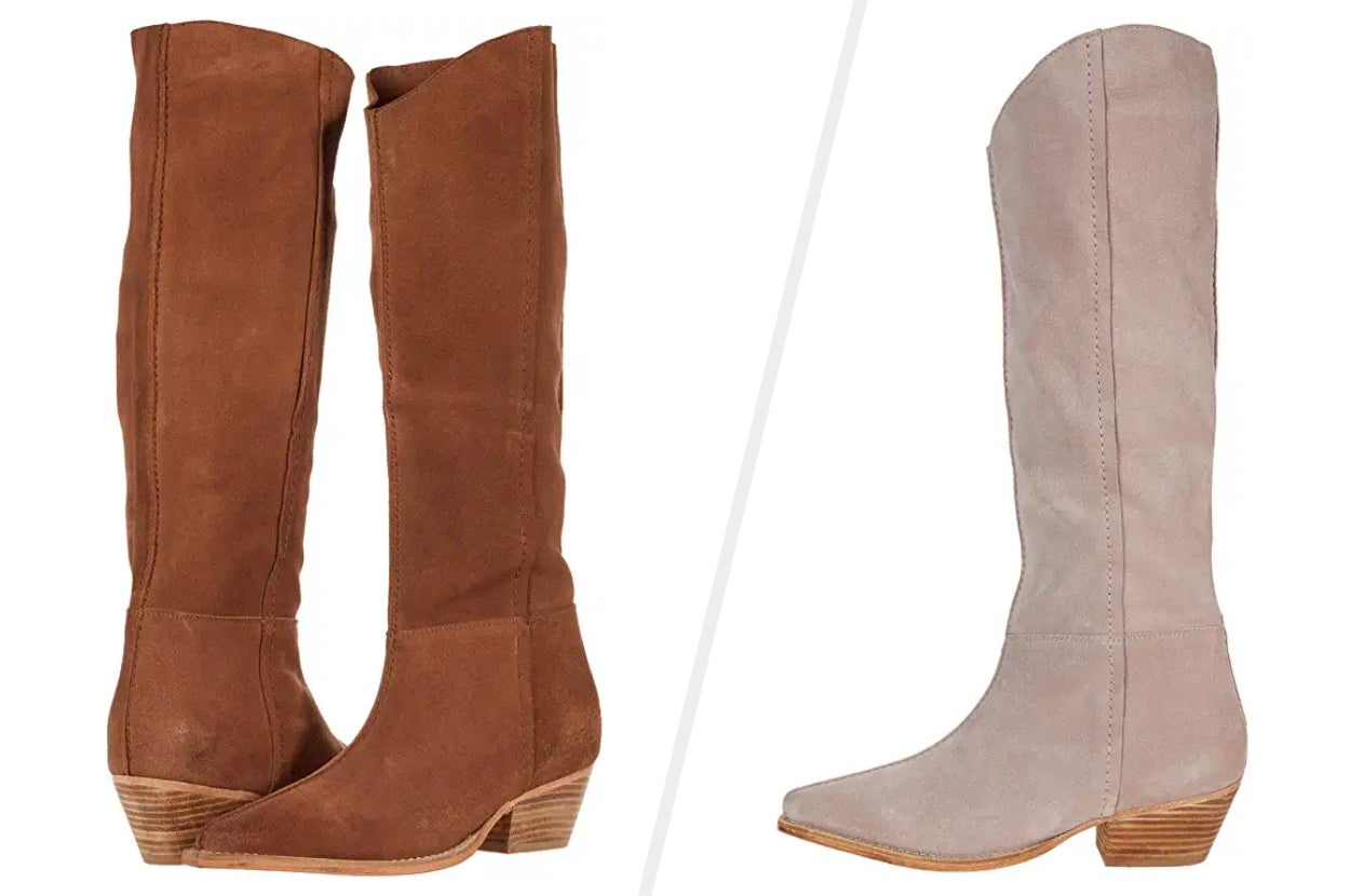 Two images of brown and light colored boots