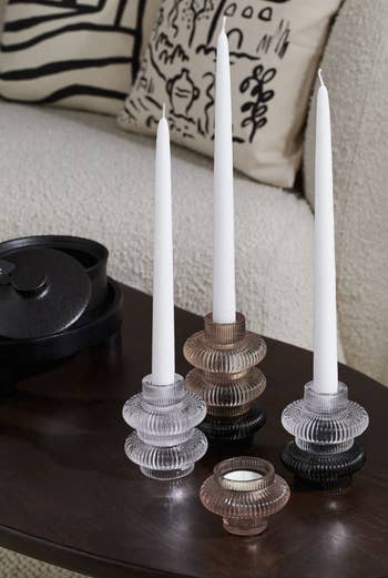 candle holders in clear and beige