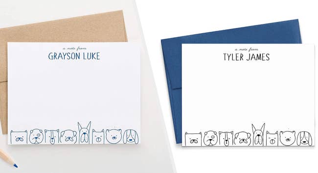 Two images of the brown and blue stationery sets