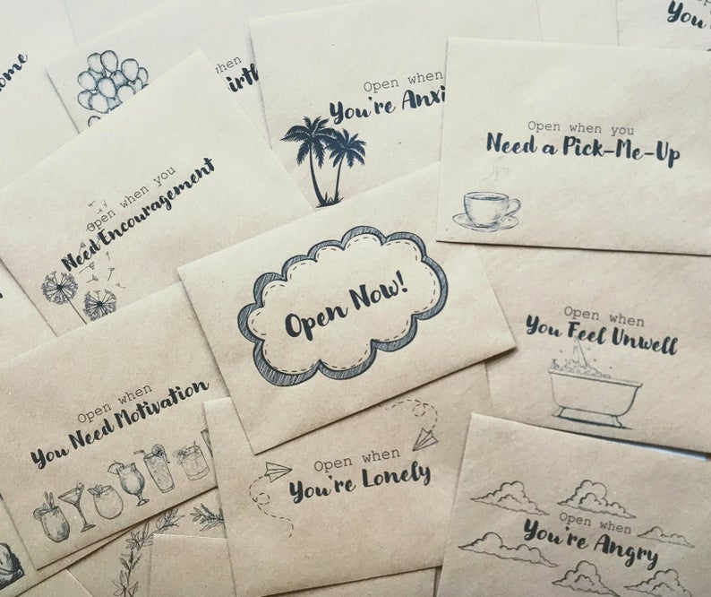 Brown paper cards that say things like