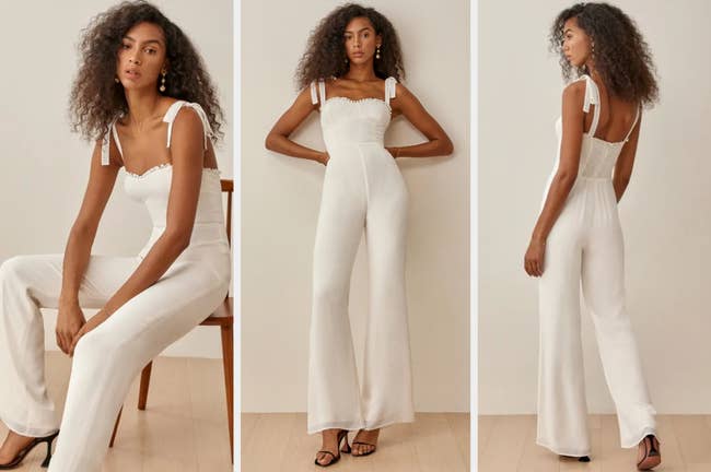 Three images of a model wearing the white jumpsuit