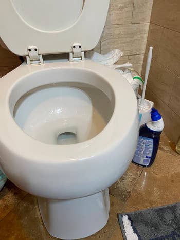 A clean toilet with an open lid with the cleaning gel next to it