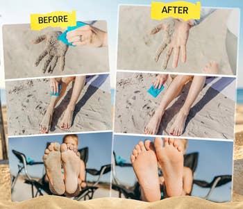 Before and aft photos of soil being removed from hands and feet utilizing a bluish brushwood connected a beach