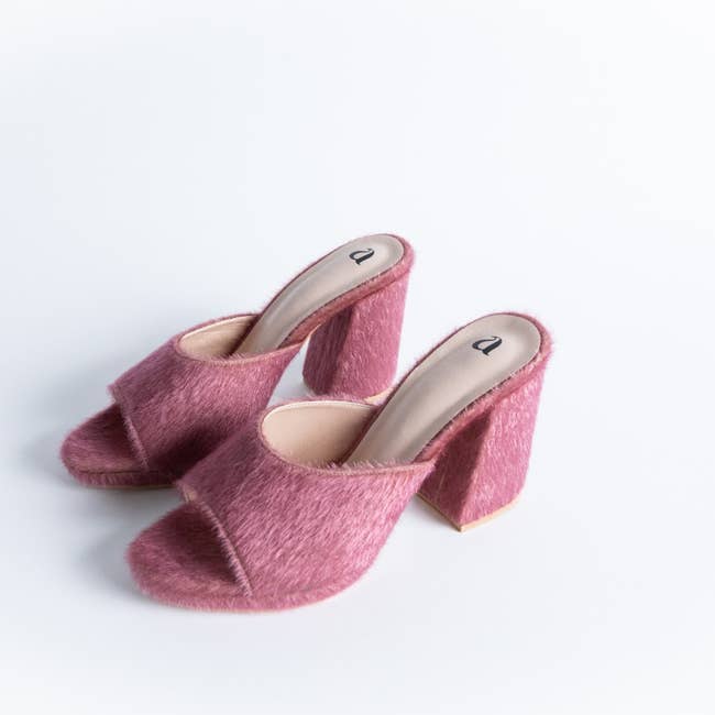 pink mule sandals with shag-like texture