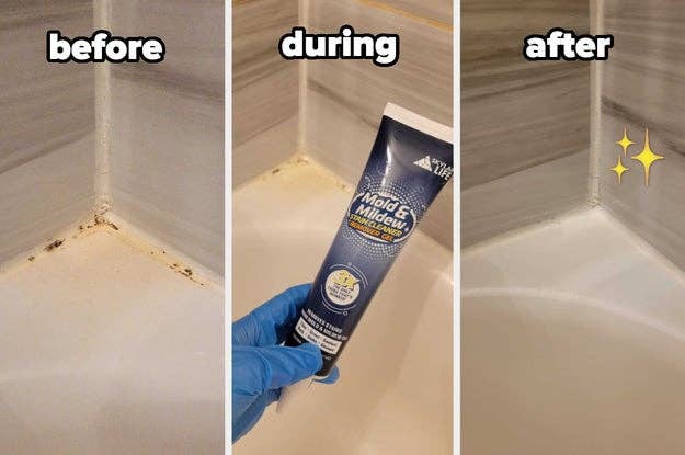 before/after showing the skylarlife gel applied to a moldy bath country and however it wholly lifted distant the spots