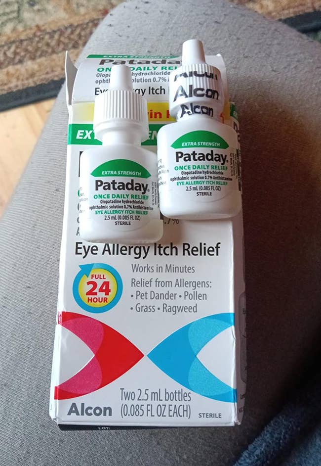 Social media trends Viral content Trending hashtags Social media updates Trending memes and videos Packaging of Pataday eye allergy itch relief, featuring extra strength formula with two 2.5mL bottles. Offers 24-hour relief from allergens