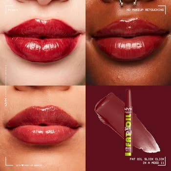 Close-up of lips with various shades of lip gloss, and a NYX lip product shown