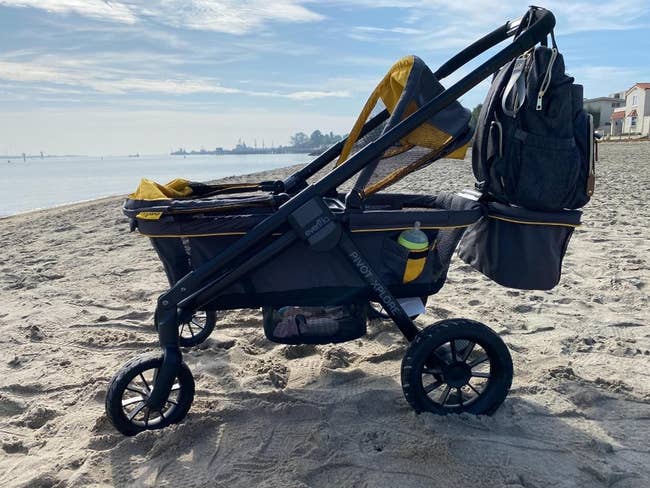 Stroller with storage on a sandy beach