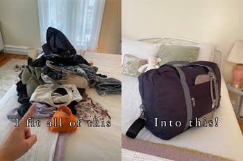 reviewer's pile of clothes that all fit into navy duffel