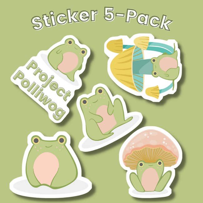 five stickers with cute frog illustrations