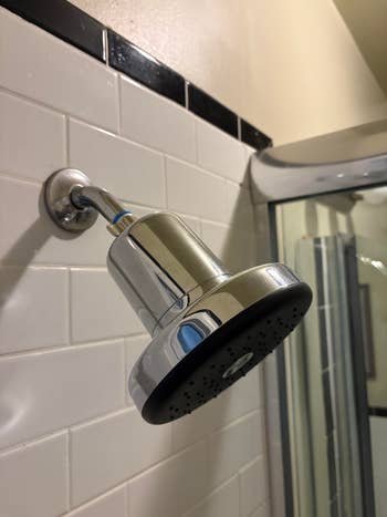 Showerhead with adjustable settings mounted connected  a tiled bath  wall, adjacent   a solid  ablution  door
