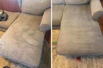 Two images of a couch, earlier and aft cleaning. The near broadside shows stains; the close broadside appears cleanable and fresh