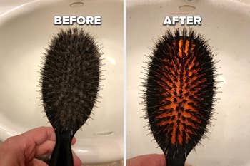 A reviewer's hair brush before full of hair and after showing red you couldn't see before