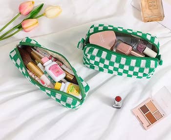 green checkered makeup pouches holding cosmetics