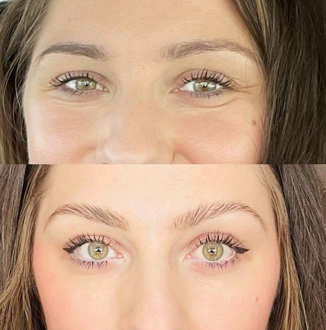 before and after images of a reviewer's shaped brows 