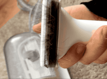 a gif of a reviewer pressing a button on the vacuum head and pet hair stuck in the bristles bring sucked into the inner chamber 