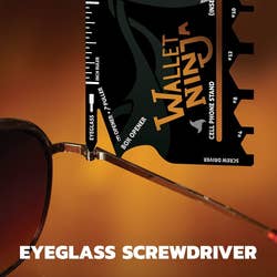 Eyeglass screwdriver tool shown next to a Wallet Ninja multi-tool, featuring various functions like a cell phone stand and box opener
