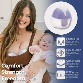 A smiling model holds a baby while using a wearable breast pump. Features: hands-free, easy to clean, comfortable, 15-hour charge