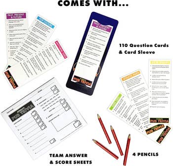 Comes with 110 question cards with sleeve, answer sheets, and four mini pencils