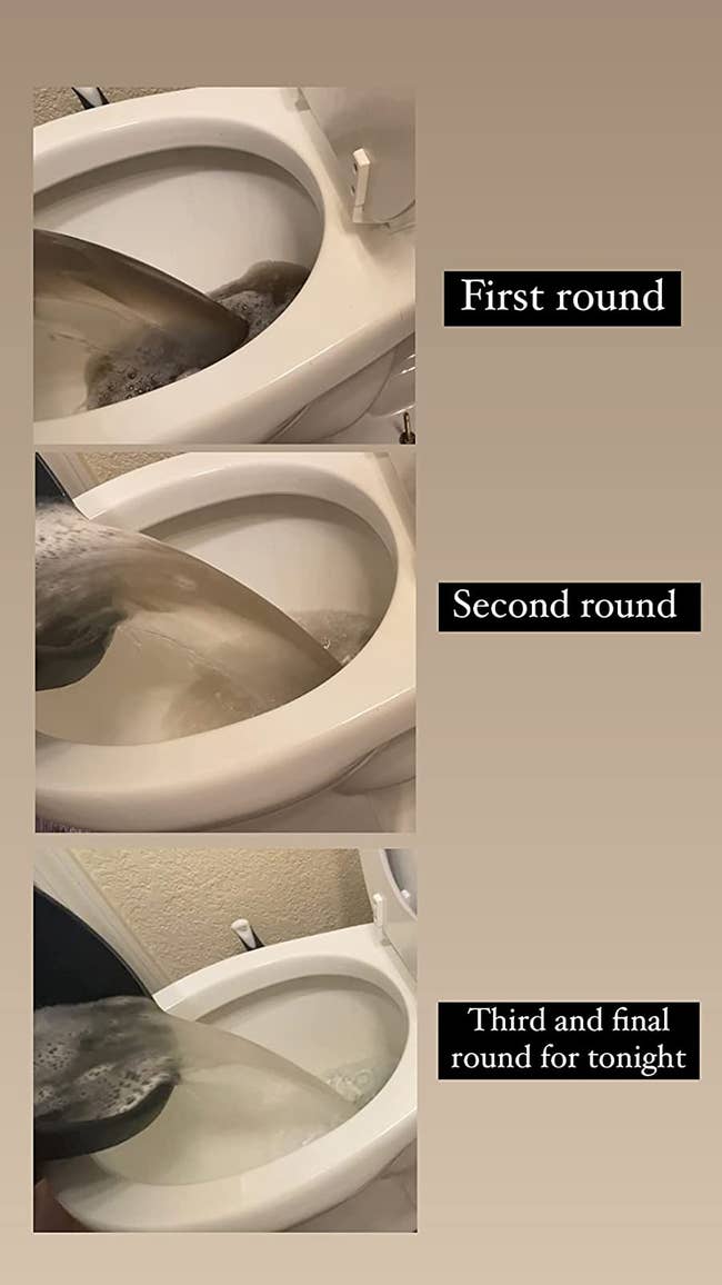 three photos of a reviewer dumping the soiled h2o from their mop bucket aft each circular of cleaning, and the h2o gets cleaner implicit time