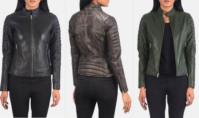Three images of models wearing black, brown, and green jackets