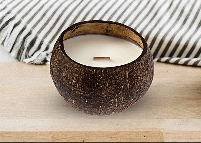 White candle inside of a coconut with a woodwick