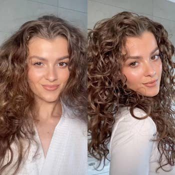 Model with curly hair before and after using product wearing a white V-neck top