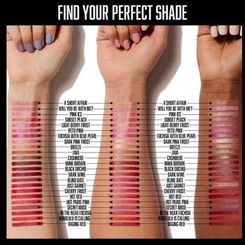 Four arms showing antithetic  lipstick shades from pinkish  to purple, each   swatch labeled with names similar  