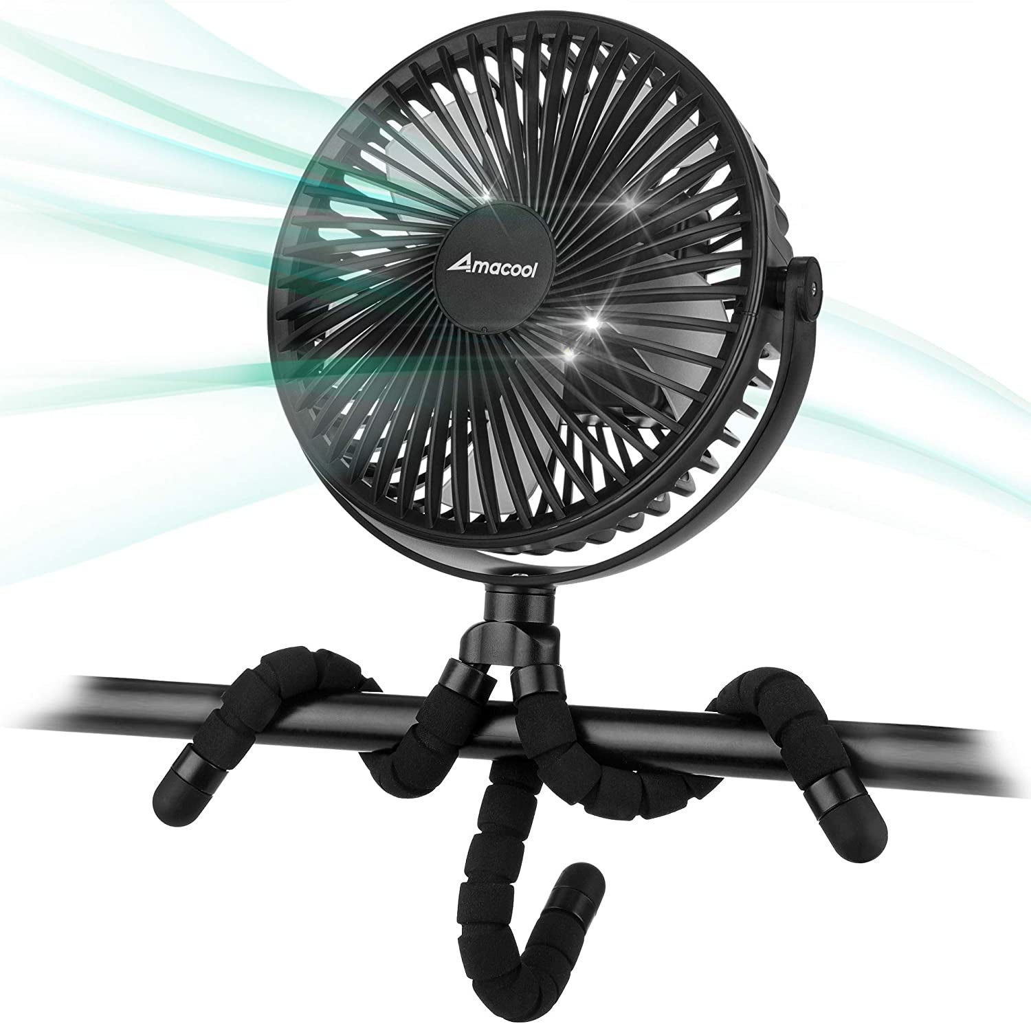 A fan with flexible legs wrapped around a horizontal pole