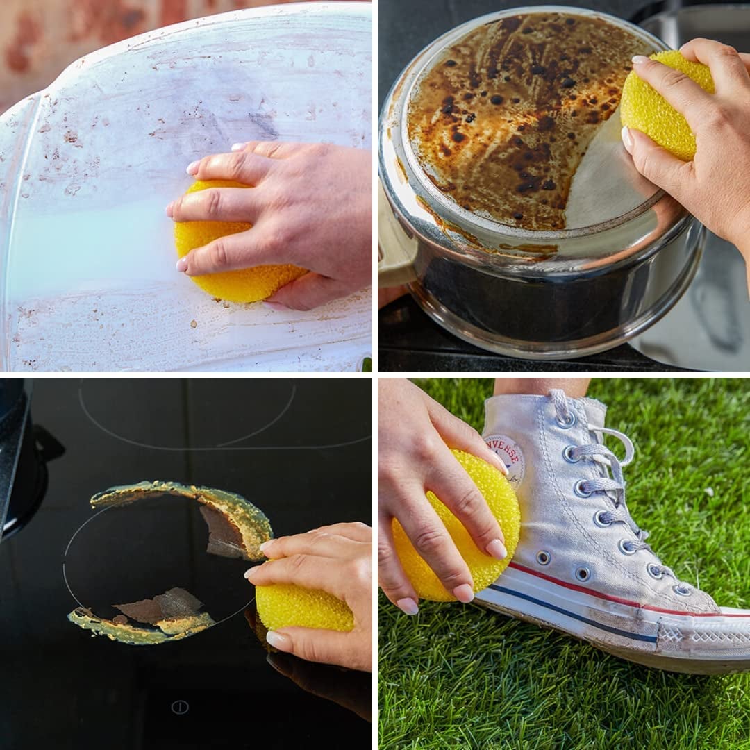 four images of the polish used on different dirty items